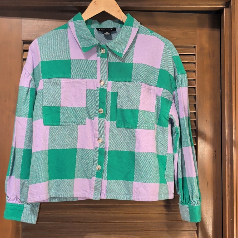 Sanctuary Cropped Green and Purple Plaid Flannel With Drop Puff Shoulders